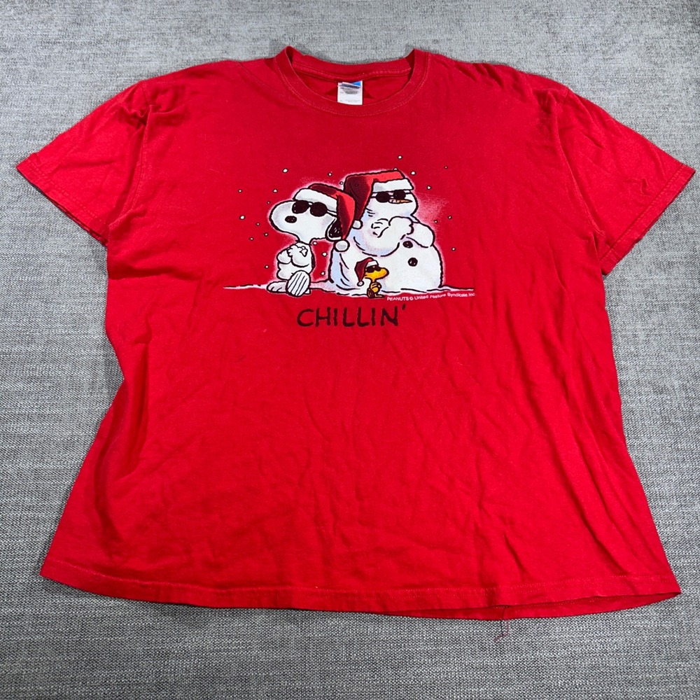Peanuts Snoopy Chillin Christmas T-Shirt XL Red Good Graphic Snowman Woodstock
